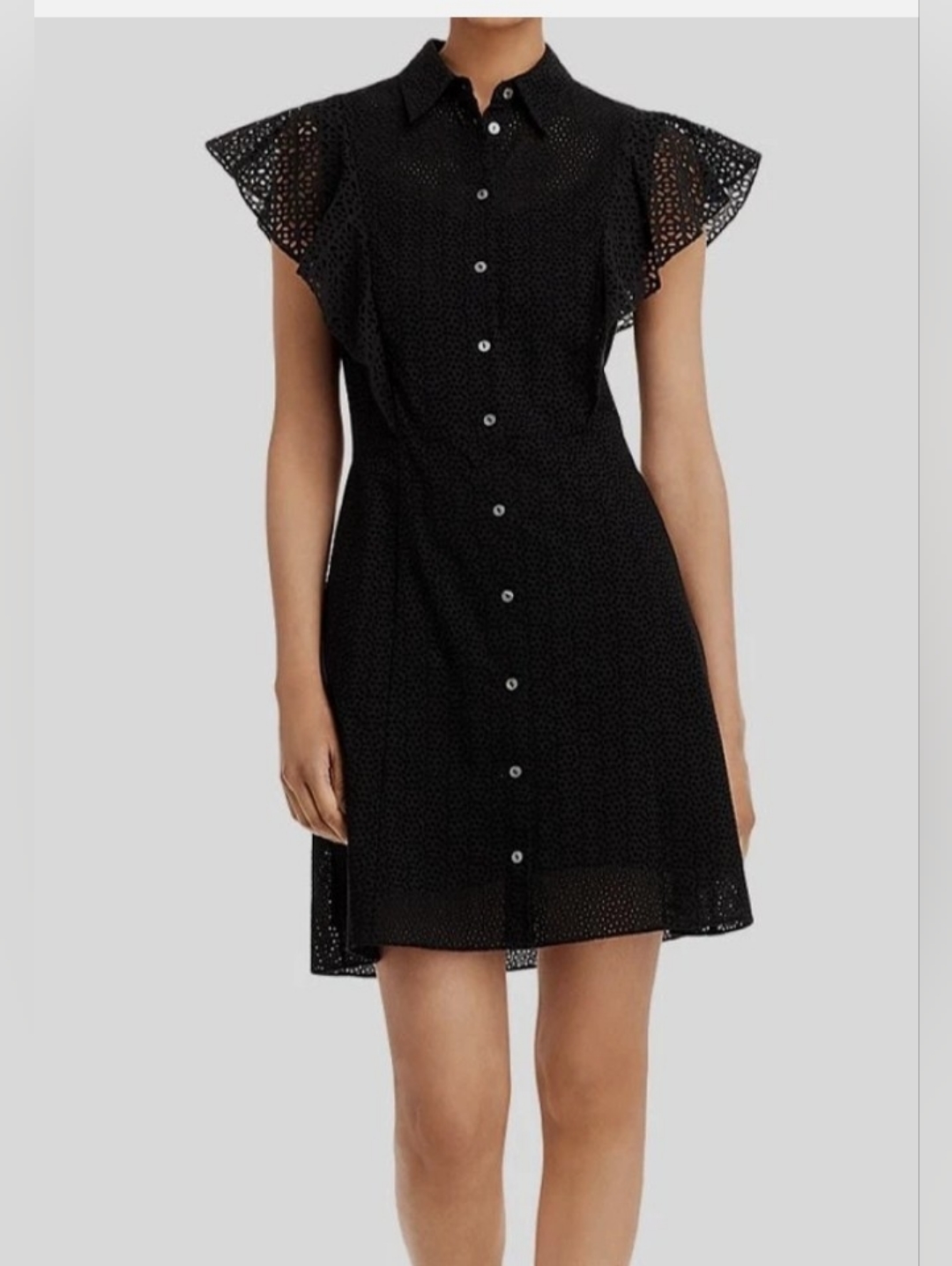 Theory Women's Black Nova Ruffled Button Front Eyelet Mini Dress 0449